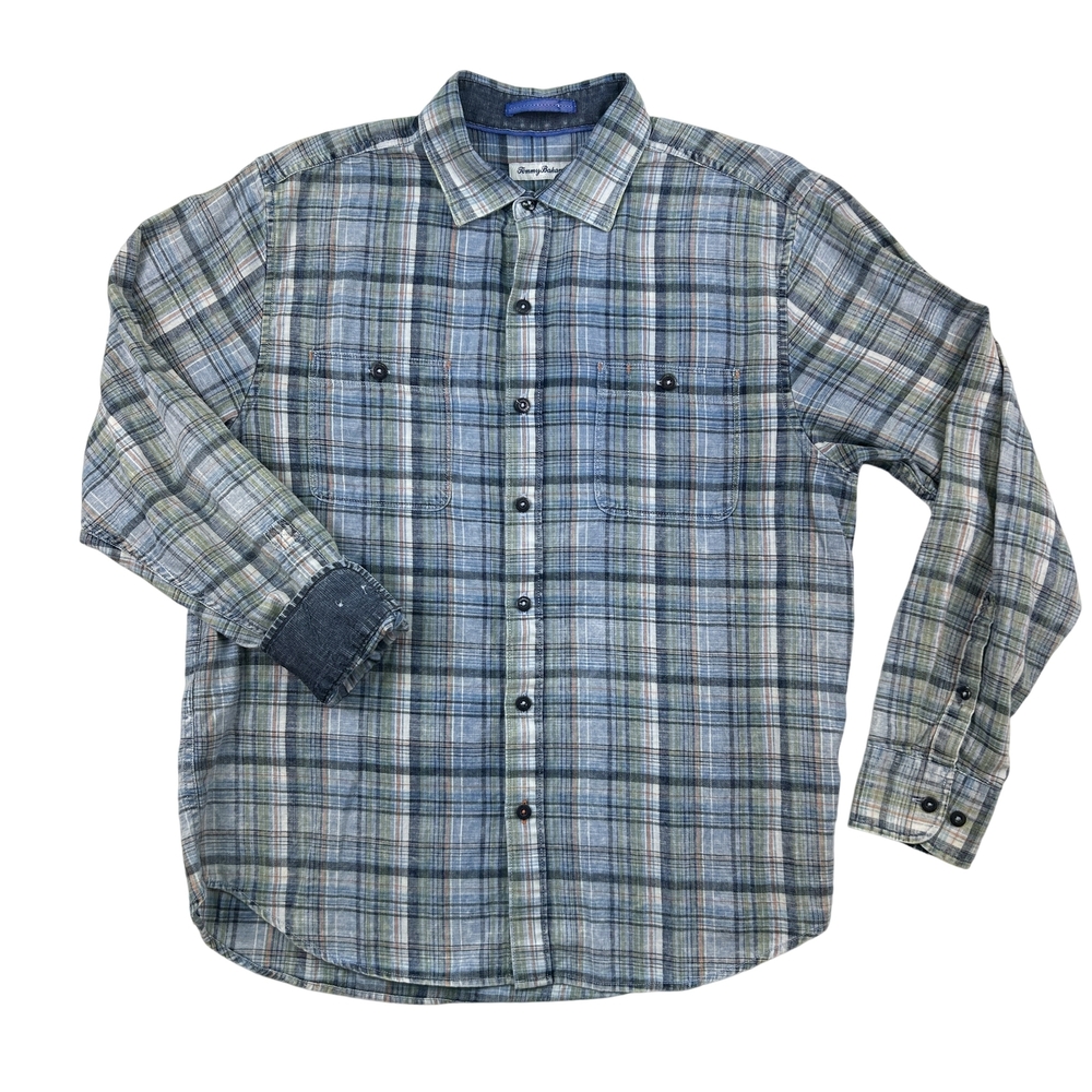 Tommy Bahama Shirt Mens Medium Plaid Long Sleeve Button Front Blue Green Casual